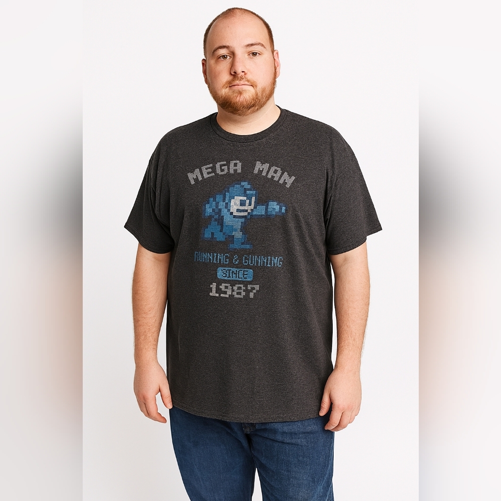 @) Mega Man Retro Graphic Tee XL – Running & Gunning Since 1987 Gamer Shirt